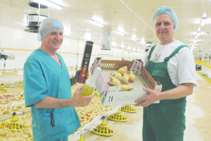 Philippe Gouault, left, pictured with Vladimir Tarasov at this Yoshtar-Ola poultry house.