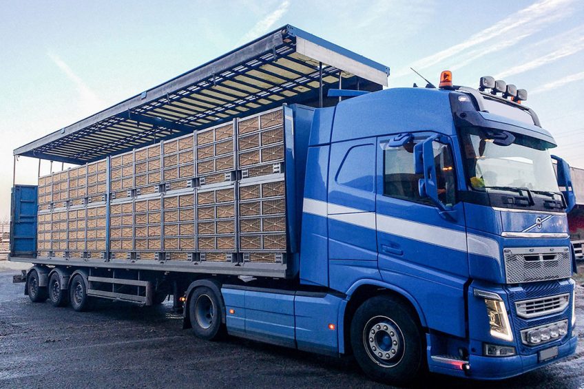 The ingenious construction of Marel Poultry s ATLAS SmartStack transport modules needs fewer truck movements, thus reducing CO2 footprint. Photo: Marel