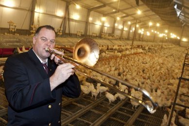 Birds can get used to any type of sound. Dutch poultry farmer Piet Classens plays a trombone in the shed for years and now UK egg producer Glenn Haggart plays music to his hens. Photo: Bart Nijs