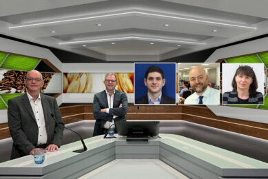The line-up of the webinar of May 12, with from left to right Johan den Hartog, GMP+ International; Vincent ter Beek, Misset; Michael Magdovitz, Rabobank; Mark McHugh, AB Agri; and Susanne Fromwald, Donau Soja. - Photo: Company Webcast