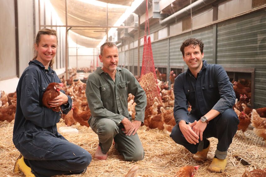 Annegien Bos, poultry farmer Harrie Beekmans (centre), and Gijsbert Bos.  Smoked Egg Europe pays me a fair price for my eggs. I also like the idea of contributing to an innovative project,  says Beekmans. Photo: Dick van Doorn